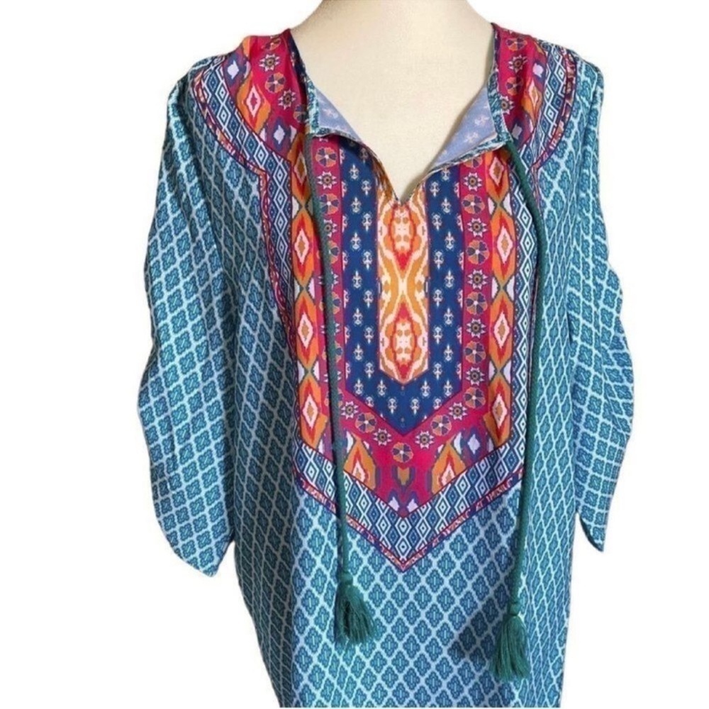 Urban Coco Blue Multicolor Ruche Sleeve Swim Coverup Dress with Tassels Medium - Picture 8 of 14